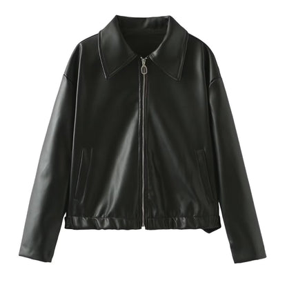 Damen Kunstlederjacke Stylischer Kragen Eveloria
