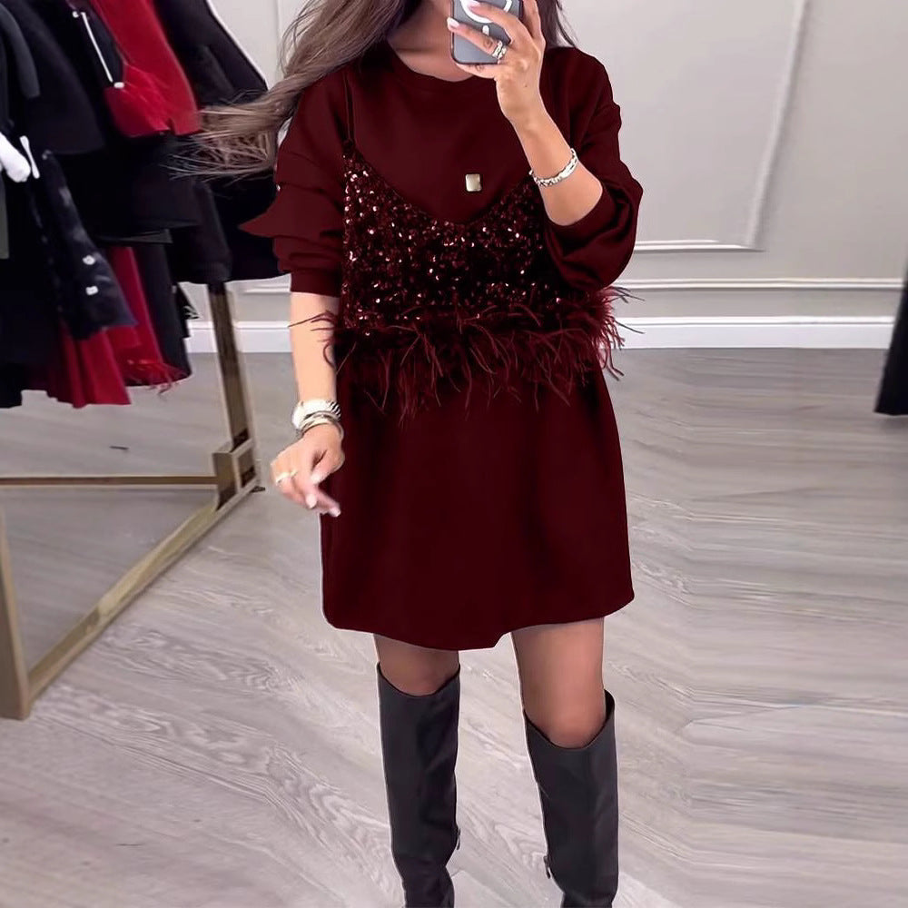 Damen Sweatkleid mit Pailletten und Federn
