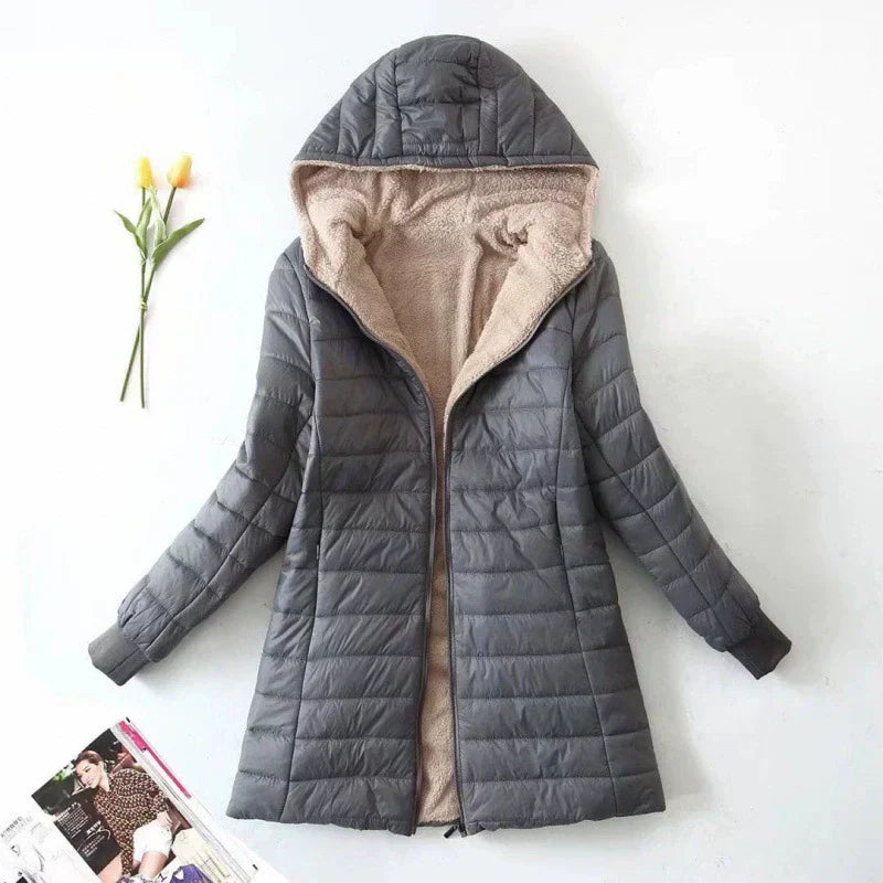 Damen Pufferjacke Mittellang Wattiert Mit Kapuze Plüschfutter