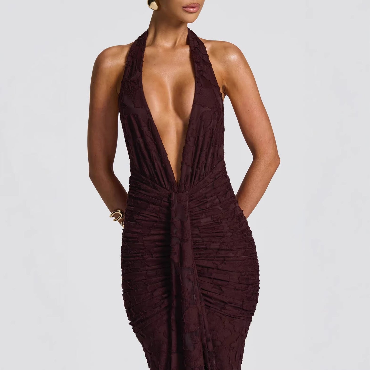 Damen Abendkleid mit V-Ausschnitt Geraffter Stoff Eveloria