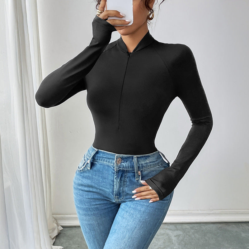 Damen Langarmshirt Reißverschluss V-Ausschnitt Eveloria