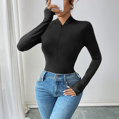 Damen Langarmshirt Reißverschluss V-Ausschnitt Eveloria