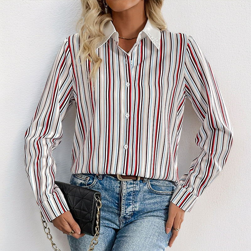 Damen Hemdbluse Streifenmuster Eleganter Kragen Weiß