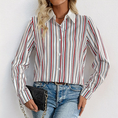 Damen Hemdbluse Streifenmuster Eleganter Kragen Weiß