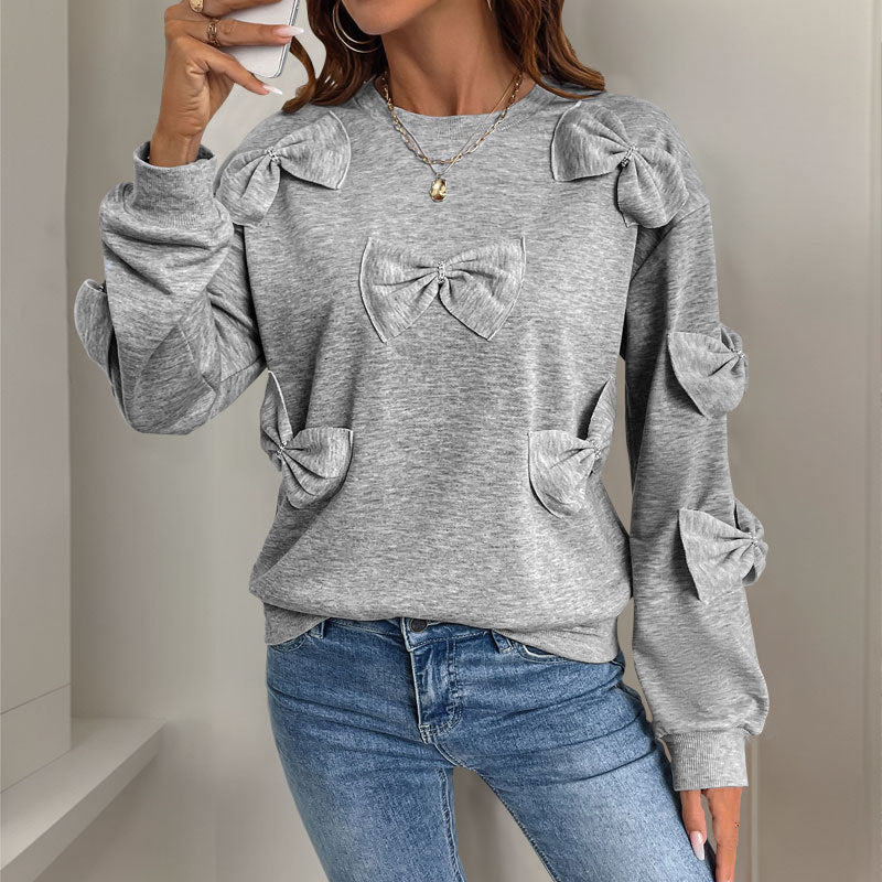 Damen Sweatshirt Lässiger Schnitt Verspielte Schleifen Details Grau