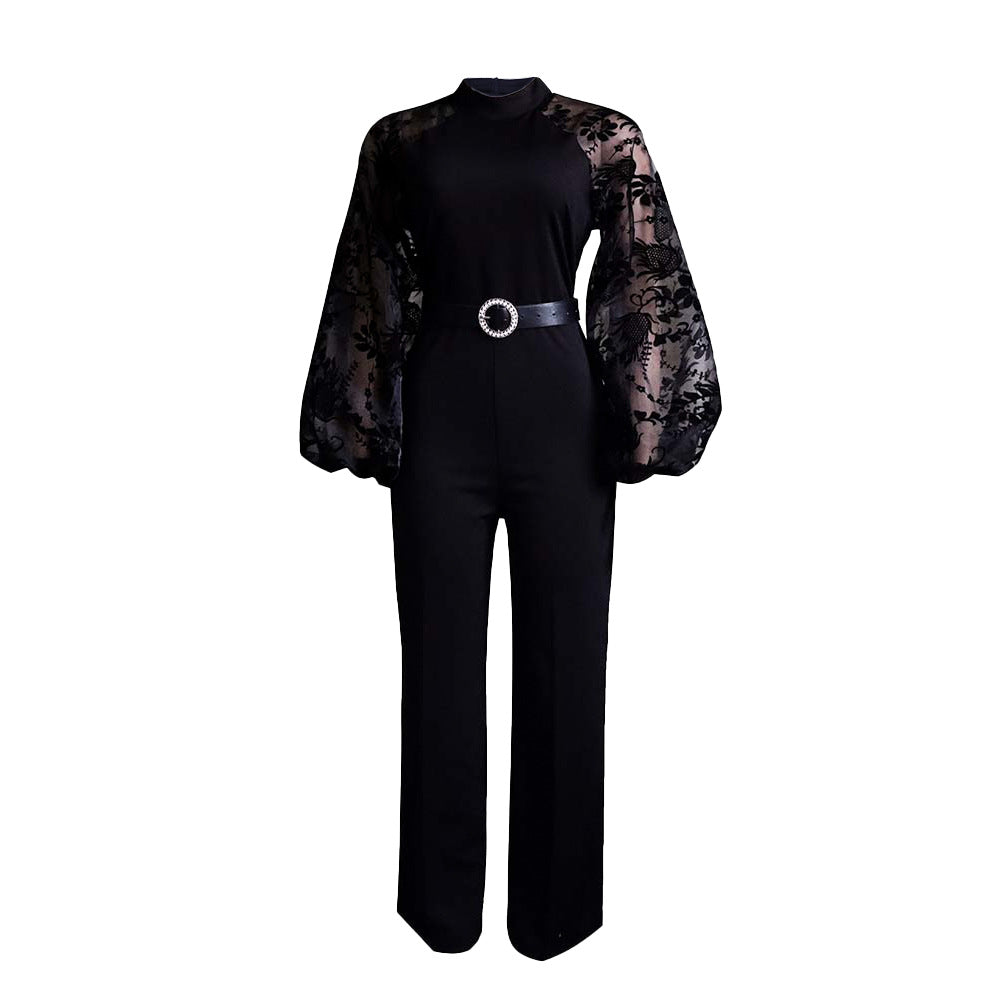 Damen Jumpsuit Puffärmel Taillengürtel Eveloria