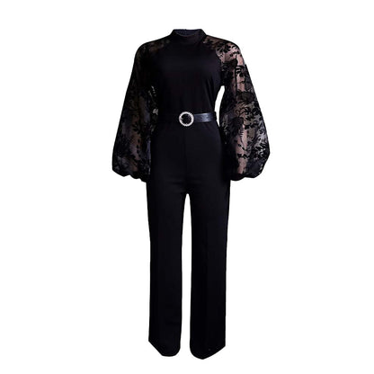 Damen Jumpsuit Puffärmel Taillengürtel Eveloria