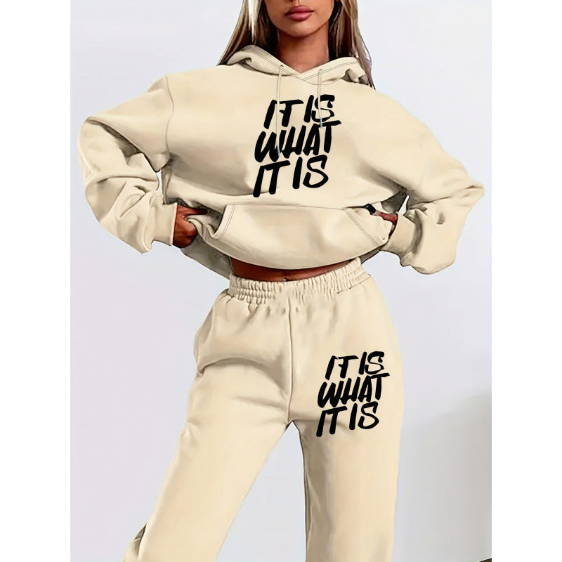 Damen Hoodie Jogginghose Set mit Schriftzug Grau