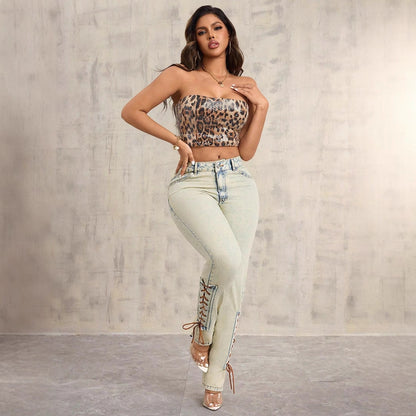 Damen High-Waist Jeans Schnürung Dunkelblau Eveloria