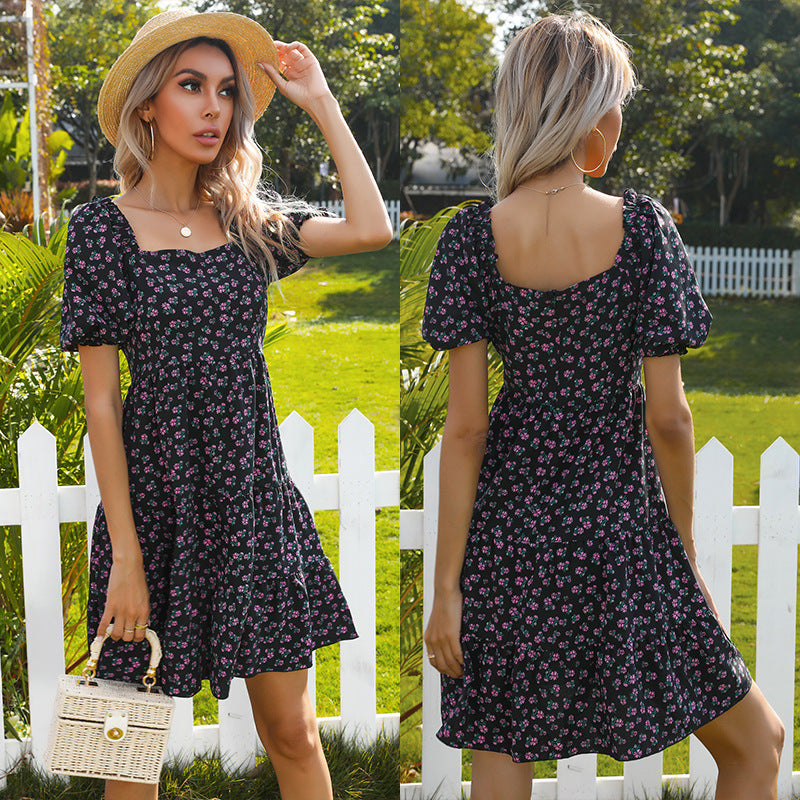 Damen Retro Blümchenkleid Weite Puffärmel Voluminöser Rock