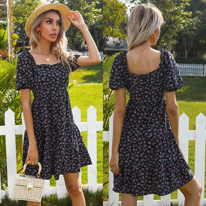 Damen Retro Blümchenkleid Weite Puffärmel Voluminöser Rock