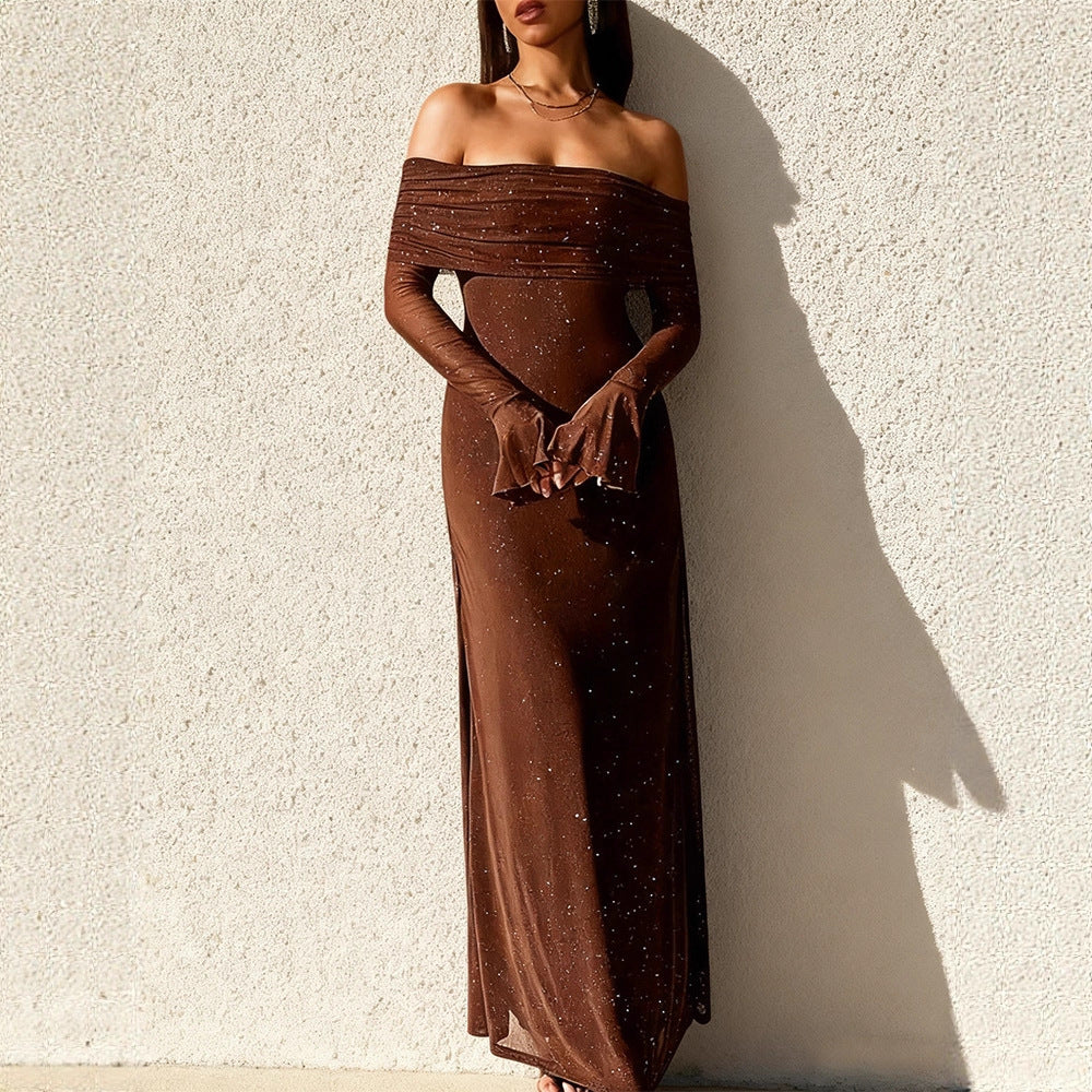 Damen Abendkleid Schulterfrei Paillettenbesatz Figurbetonend