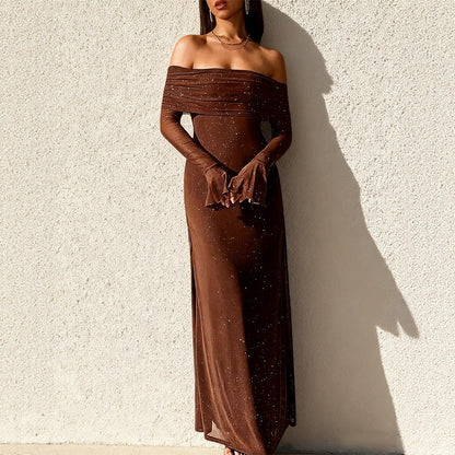 Damen Abendkleid Schulterfrei Paillettenbesatz Figurbetonend