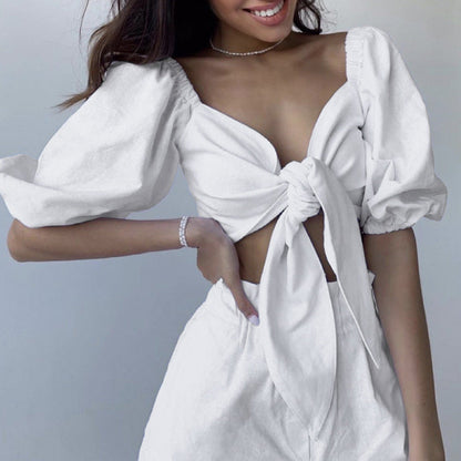 Damen Zweiteiliges Set mit Puffärmeln und Krawatte Eveloria