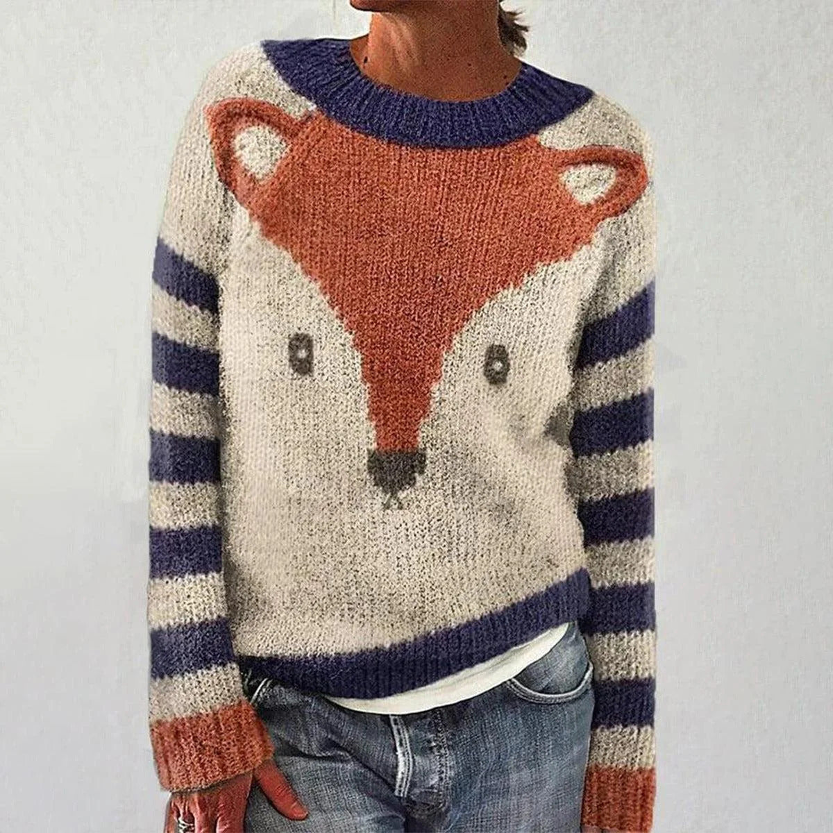 Damen Pullover Fuchs-Motiv Gestreifte Ärmel Kuschelig Grün
