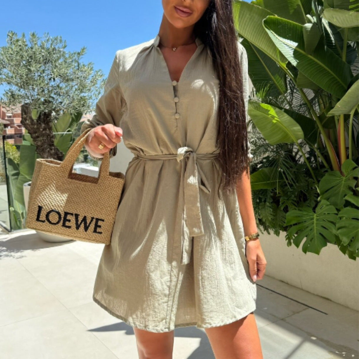 Damen Hemdblusenkleid mit Gürtel und Puffärmeln