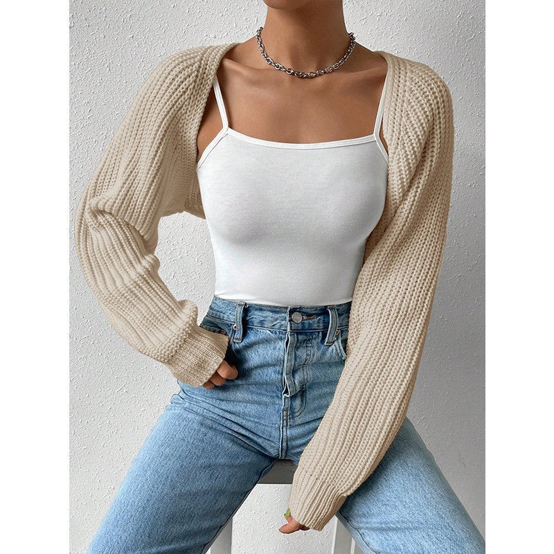 Damen Strickjacke Weite Ärmel Strukturiert Beige