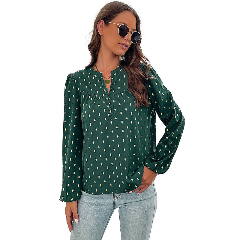 Damen Bluse Feines Punktmuster Knopfleiste Weiss