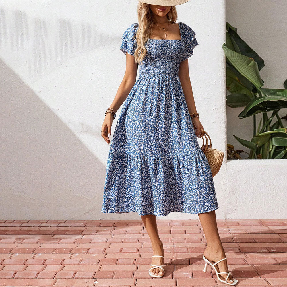 Damen Midi-Kleid Floralmuster Luftige Puffärmel Eveloria
