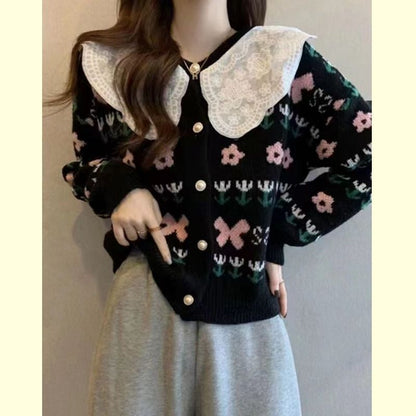 Damen Strickjacke Floralmuster Großkragen
