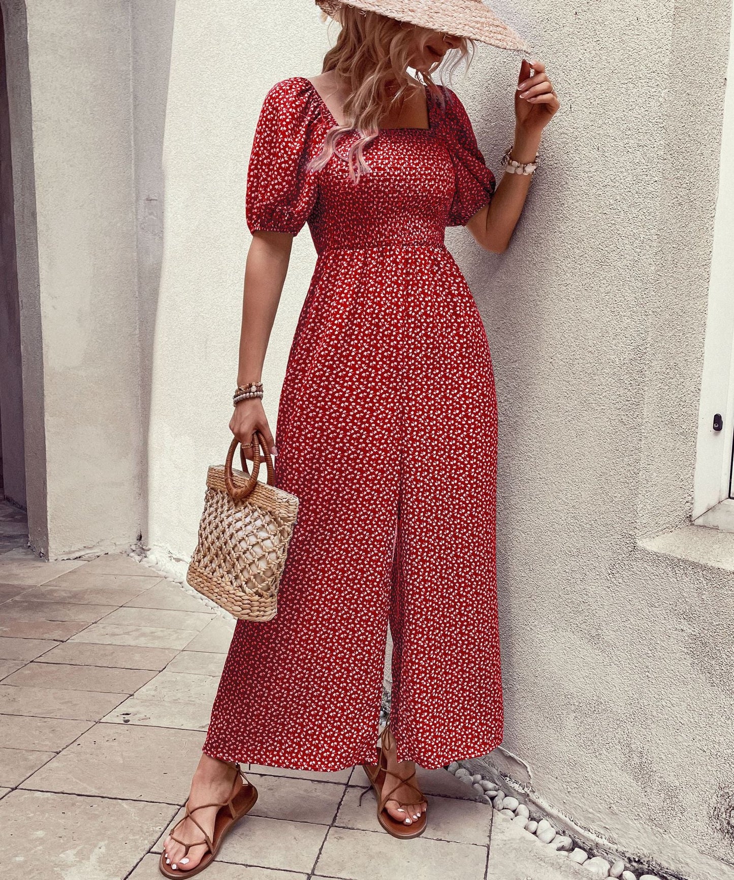 Damen Jumpsuit Elastischer Bund Puffärmel Eveloria