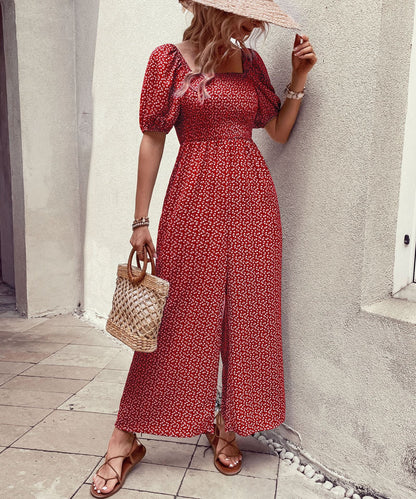 Damen Jumpsuit Elastischer Bund Puffärmel Eveloria