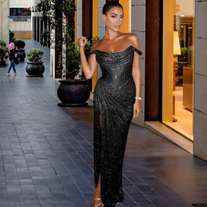 Damen Abendkleid mit Schmuckdetail und drapiertem Rock Eveloria