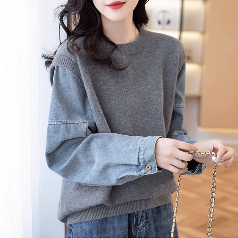 Damen Strickpullover Denim Ärmel Eveloria
