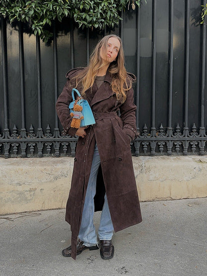 Damen Suede-Trenchcoat Lang Bequem Braun Eveloria