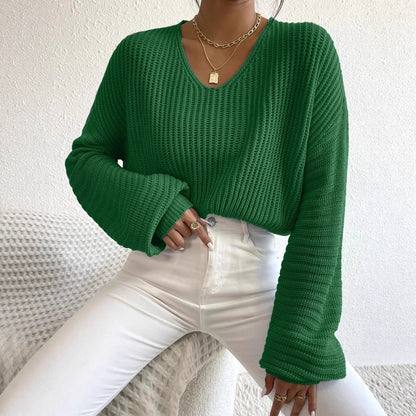 Damen Strickpullover Luftiger V-Ausschnitt Langer Ärmel Beige - Eveloria