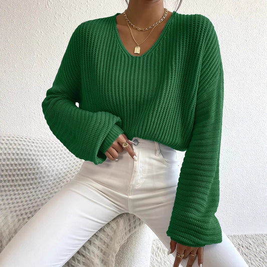 Damen Strickpullover Luftiger V-Ausschnitt Langer Ärmel Beige - Eveloria