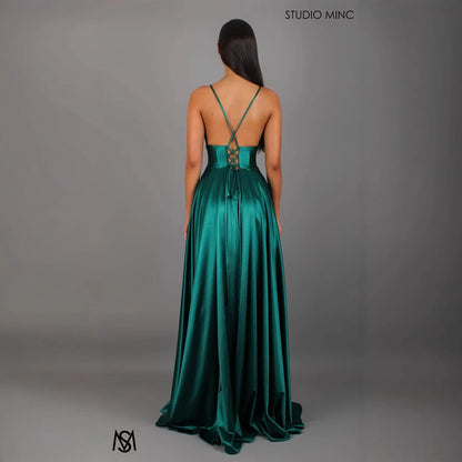 Damen Abendkleid V-Ausschnitt Hochschlitz Rock Eveloria
