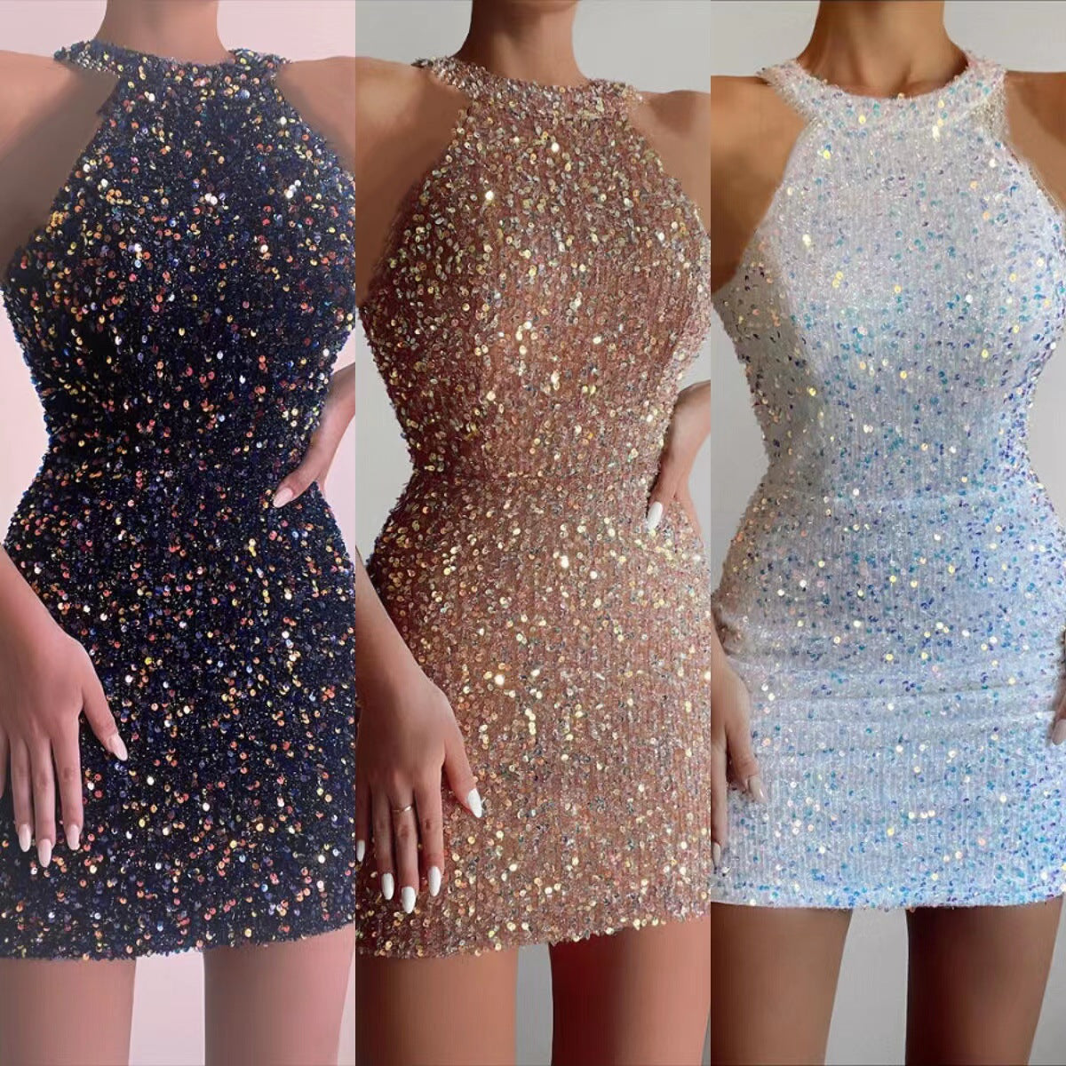 Damen Glitzerndes Minikleid Halbausschnitt Figurbetont Schwarz - Eveloria