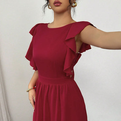 Damen Maxikleid Voluminöse Rüschen Rückenausschnitt Eveloria