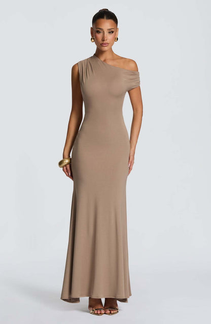 Damen Maxikleid Asymmetrisch Schulterfrei Eveloria