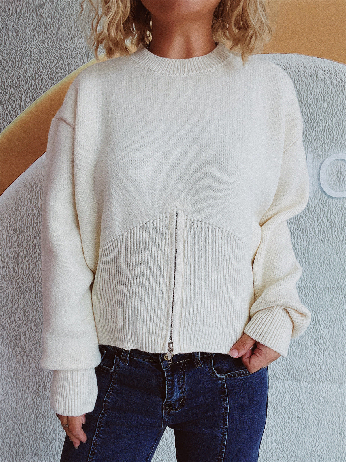 Damen Pullover Strukturiert Reißverschluss Locker Eveloria