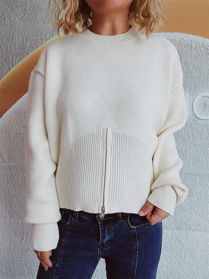 Damen Pullover Strukturiert Reißverschluss Locker Eveloria