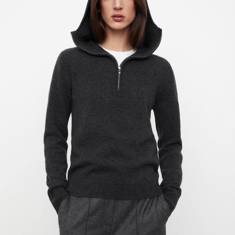 Damen Strickpullover mit Kapuze und Reißverschluss Grau Eveloria