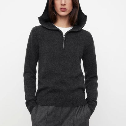 Damen Strickpullover mit Kapuze und Reißverschluss Grau Eveloria