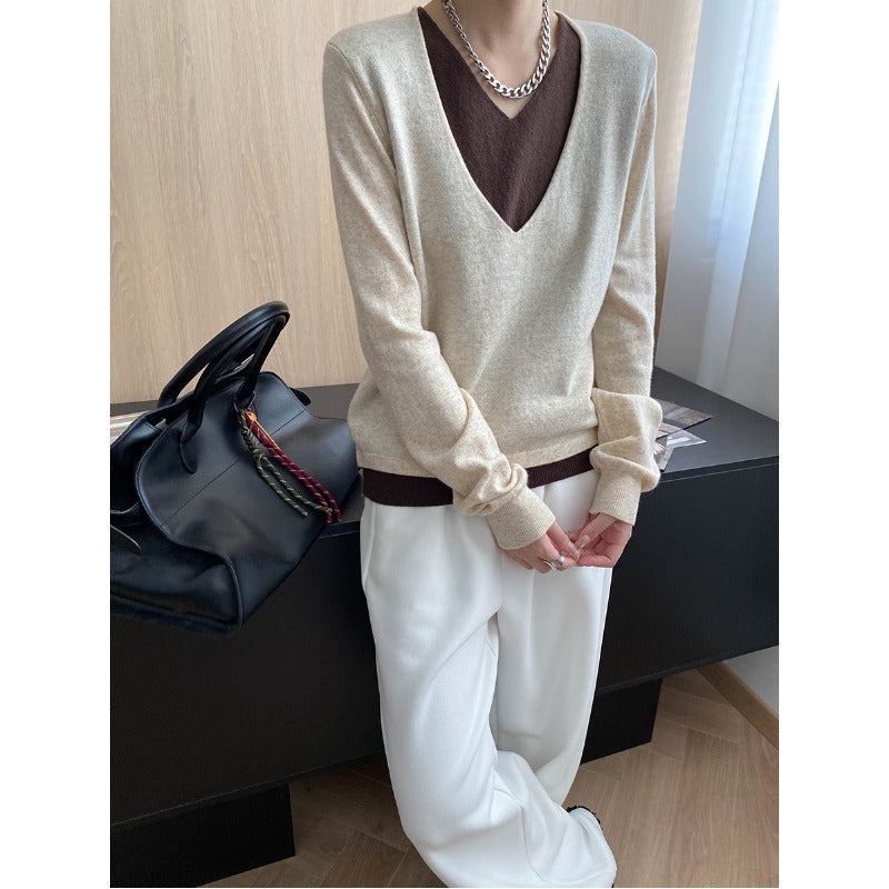 Damen Pullover V-Ausschnitt Weiches Material Rippstruktur Beige