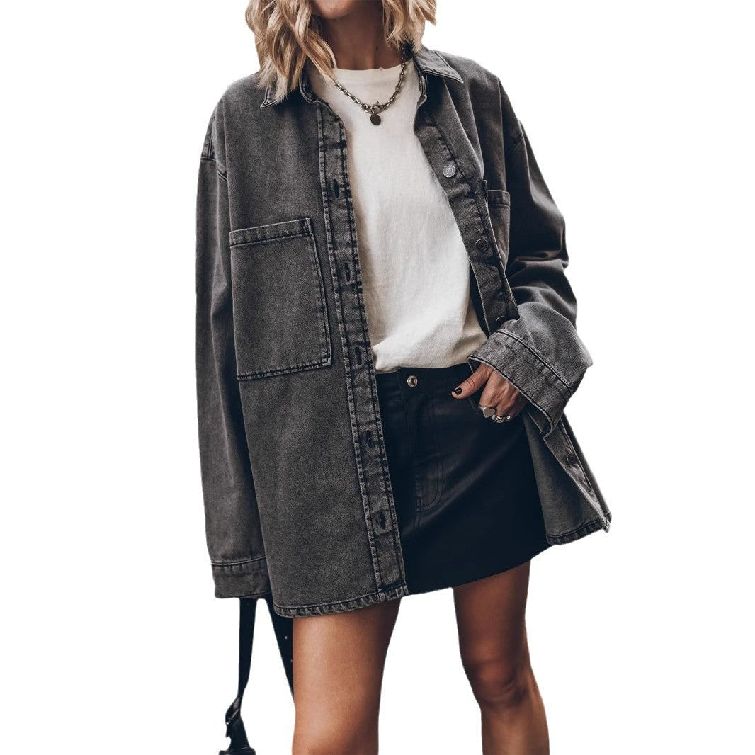 Damen Denim-Hemdjacke Oversized mit Taschen Blau Eveloria