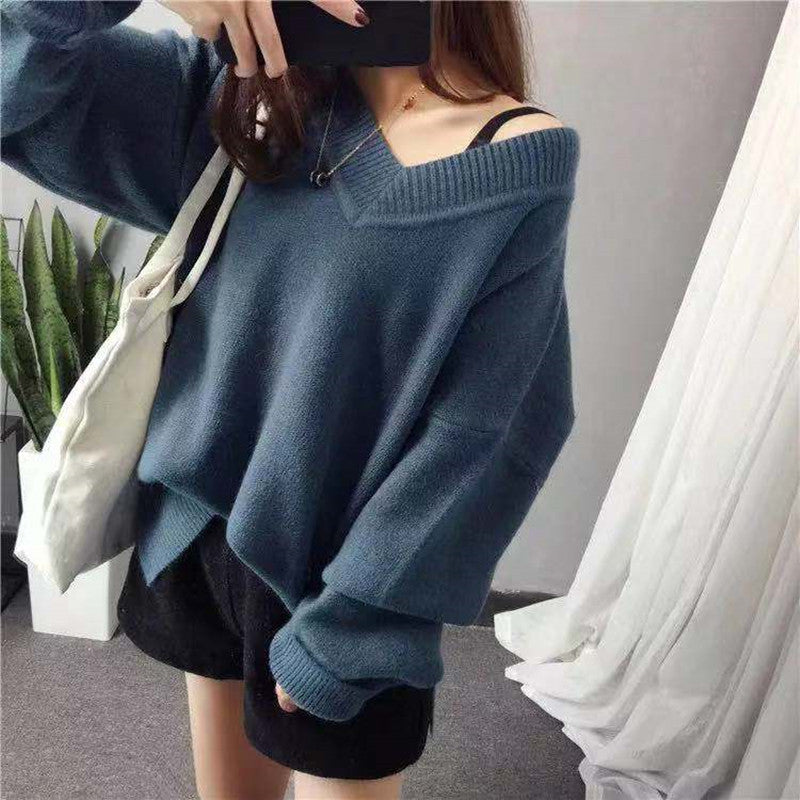 Damen Pullover Grobgestrickt V-Ausschnitt Oversized Ärmel Beige