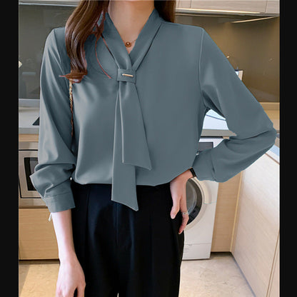 Damen Bluse Seidenfinish Eleganter Schlaufenkragen