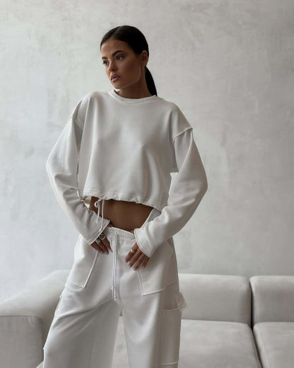 Damen Cropped Sweatpullover Elastischer Bund Beige