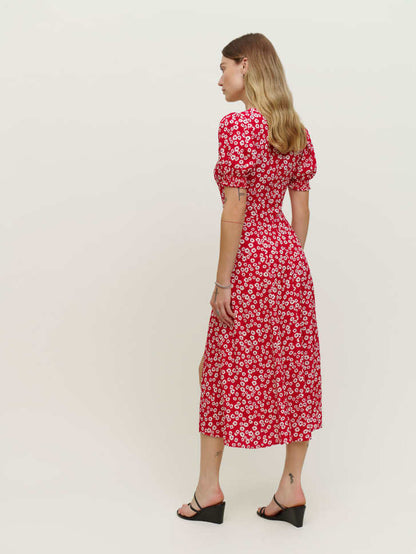 Damen Maxikleid Volantärmel Seitenschlitz Eveloria