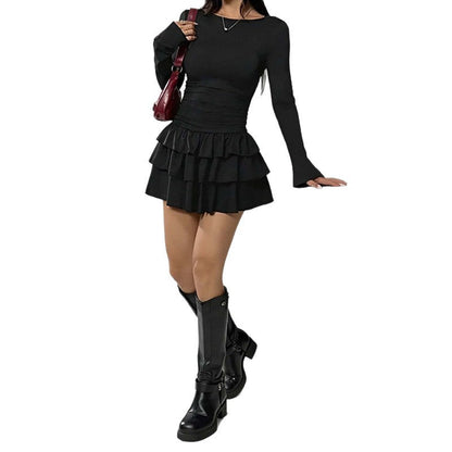 Damen Mini-Kleid Voluminöser Rüschensaum Langarm Eveloria