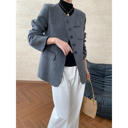 Damen Blazer aus Wolle mit Taschen und Knöpfen Schwarz Eveloria - Eveloria