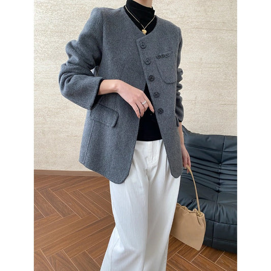 Damen Blazer aus Wolle mit Taschen und Knöpfen Schwarz Eveloria - Eveloria