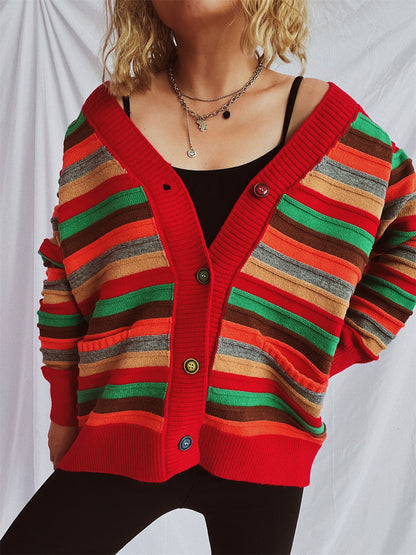 Damen Strickjacke Bunt Streifenmuster Locker Eveloria