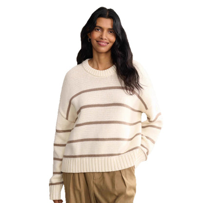 Damen Strickpullover Breite Streifen Rundhals weiß Eveloria